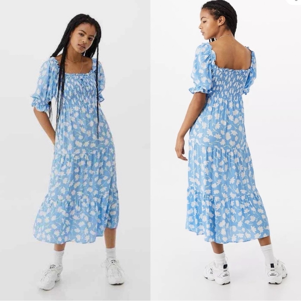 Faithfull Olinda Midi Dress Blue Floral Puff Sleeve Anthropologie NWT. M